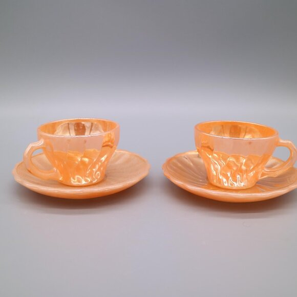 Fire King Peach Luster Demitasse Tea Cup & Saucer Swirl Pattern Vintage Set - Picture 1 of 4